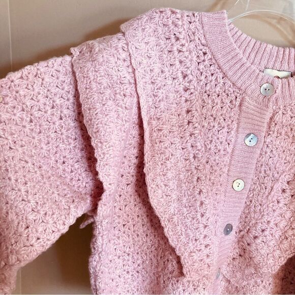 NEW FARM Rio Pink Flower Texture Knit Cardigan Sweater Button Ruffle Size L - Picture 9 of 16